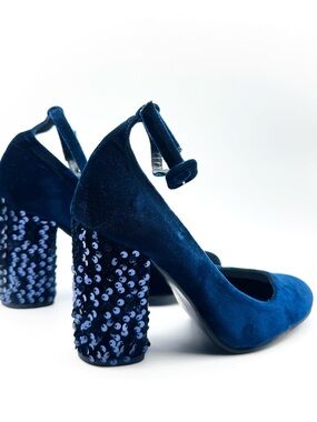 HELIA Blue Velvet Sequin Ankle Strap Block Heel Pump Shoes Made in Spain Size 39